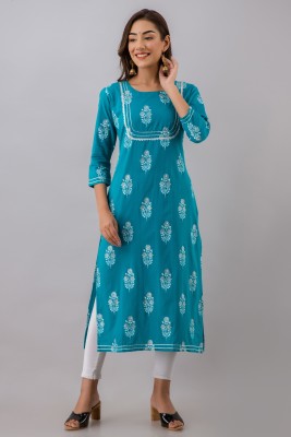 GLAM ROOTS Women Printed Straight Kurta(Light Blue)