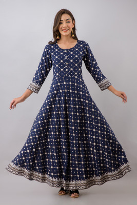 GLAM ROOTS Women Printed Flared Kurta(Blue)