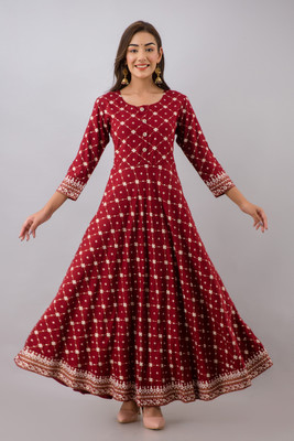 GLAM ROOTS Women Printed Flared Kurta(Maroon)