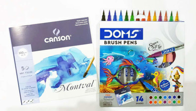 DOMS 14 Shade Brush Pen (Free 5 CANSON Sheet 17.5*17.5cm)(Set of 14, Multicolor)