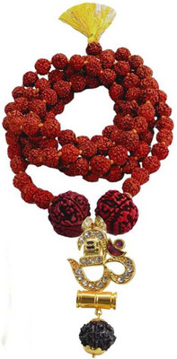 Green Spiritual Lord Shiva Om Shivling Damru Locket With Puchmukhi Rudraksha Mala (108Beads) Gold-plated Plated Wood Chain