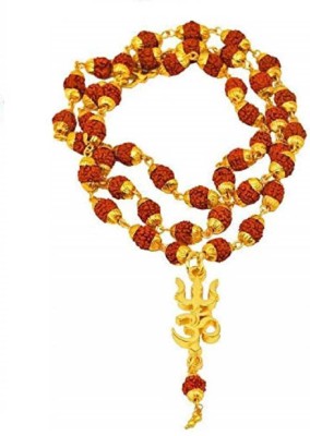 Green Spiritual Lord Shiva Trishakti Locket With Puchmukhi Rudraksha Mala (8MM 36Beads) Gold-plated Plated Wood Chain