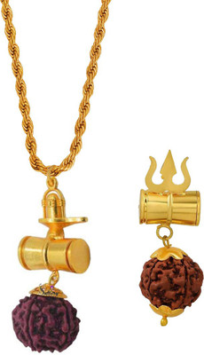 Sullery Religious Hindu Shiv Shankar Shiv Ling Om Trishul Damaru Locket With Brass Rope Chain Gold-plated Brass, Wood Pendant Set