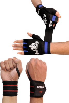 SKYFIT COMBO PACK 2 Super Gym Sports Gloves And Wrist Support Band For Men And Women Gym & Fitness Gloves(Black, Blue)