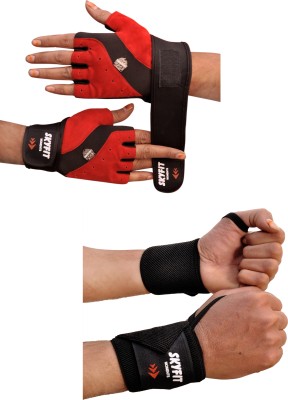 SKYFIT COMBO PACK 2 Gym Workout Gloves and Wrist Support Band Gym & Fitness Gloves(Black, Red)