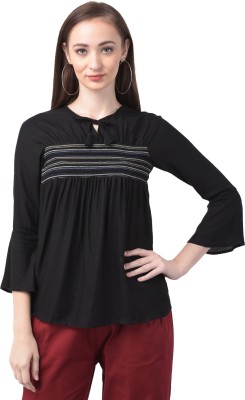 Studio 47 Garments Casual 3/4 Sleeve Embroidered Women Black Top