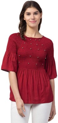 Fabitto Casual 3/4 Sleeve Embellished Women Red Top