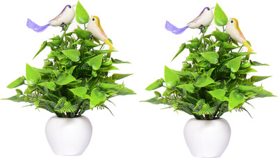 NERAPI Green Wild Flower With Birds Set Bonsai Wild Artificial Plant  with Pot(22 cm, Green)