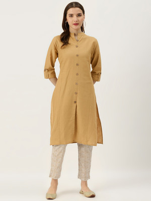 DEIFIC Women Solid Straight Kurta(Beige)