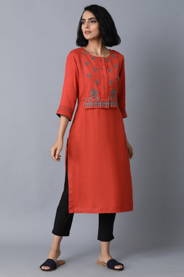 W Women Embroidered Straight Kurta(Orange)
