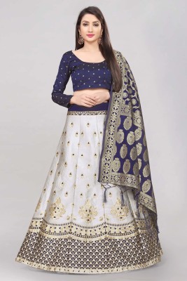 Fabcartz Solid Semi Stitched Lehenga Choli(Dark Blue, White)