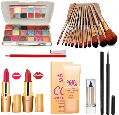 Volo Stylish Beauty makeup kit 15F2021A22 (1 Eyeshadow 1 Kajal 1 Eyeliner 12 Pcs. Brush Set 1 CC Cream 2 Lipsticks 1 Lipliner) Set Of 19 Pcs.
