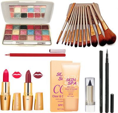 Volo Stylish Beauty makeup kit 15F2021A29 (1 Eyeshadow 1 Kajal 1 Eyeliner 12 Pcs. Brush Set 1 CC Cream 2 Lipsticks 1 Lipliner) Set Of 19 Pcs.(Pack of 19)