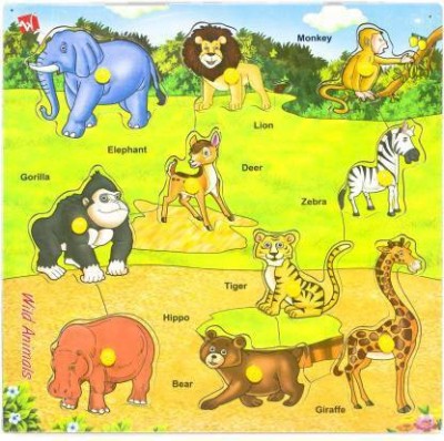 Haulsale Pinewood Wooden Jigsaw Puzzle Board for Kids - Wild Animal - Learning & Educational Gift for Kids (10 Pieces)(Multicolor)