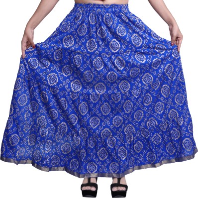 KRSALA Printed Women Flared Blue Skirt