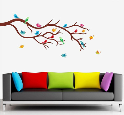 Asmi Collections 140 cm Beautiful Colorful Birds on a Tree Branch Removable Sticker(Pack of 1)