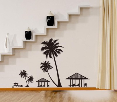 Asmi Collections 90 cm PVC Decals Beach Black Palm Tree Hut Removable Sticker(Pack of 1)