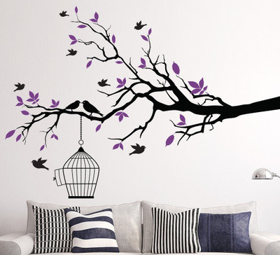 Asmi Collections 155 cm Black Branches Purple Leaves and Birds Removable Sticker(Pack of 1)