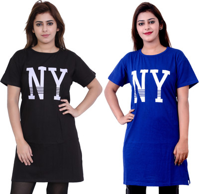 DG Star Printed Women Round Neck Blue, Black T-Shirt