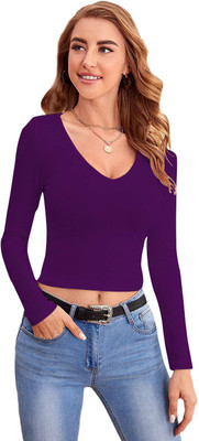 THE BLAZZE Casual Full Sleeve Solid Women Purple Top