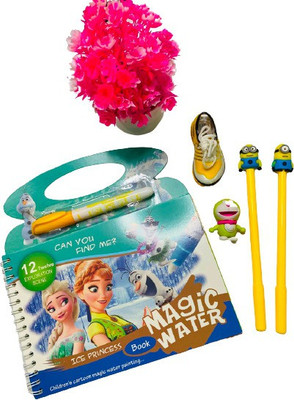 13House Kids (Pack of 4) Reusable Magic Water Painting Book Magic Doodle Pen Birthday Return Gift With minion Gel Pen And Fancy Shoe Sharpner With Dora Eraser / Magic Book Water Painting For Kids School Art Set