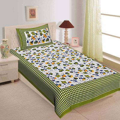 Sanganeri Mart Cotton Single Flat 150 TC Printed Bedsheet(Pack of 1, Green Box)