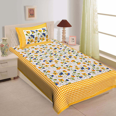 Sanganeri Mart Cotton Single Flat 150 TC Jaipuri Prints Bedsheet(Pack of 1, Yellow Box)