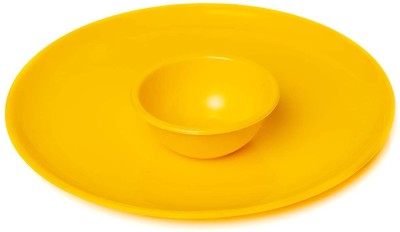 Everbuy Pack of 12 Plastic Combo-Set of 4 Dinner Plates & 8 Curry/Dessert Bowls; Made of Food-Grade Virgin Plastic; Break-Resistant, Microwave & Dishwasher-Safe; Yellow (Plate Diameter : 11 inches and Bowl Capacity :250 ml ) Dinner Set(Yellow, Microwave Safe)