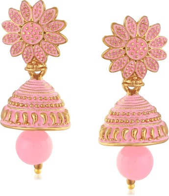 mahi Meenakari Work Light Pink Artificial Bead Floral Jhumka Drop Earrings Beads Alloy Jhumki Earring