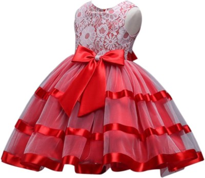 Reem Jheem Girls Midi/Knee Length Party Dress(Red, Sleeveless)