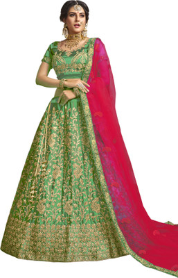 manvaa Embroidered Semi Stitched Lehenga Choli(Green)