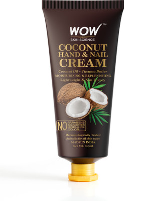 WOW SKIN SCIENCE Coconut Hand & Nail Cream - Moisturizing & Replenishing - Lightweight & Non-Greasy - Quick Absorb - for All Skin Types - No Parabens, Silicones, Mineral Oil & Color - 50mL(50 ml)