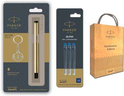 PARKER Vector Gold Fountain Pen With Blue Ink Cartridges and Gift Bag Ball Pen(Ink Color - Blue)