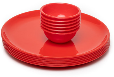 swift international Pack of 6 Plastic Microwave Safe Unbreakable Round Big Plates Set, 6 Pcs Plate & 6 Pcs Katori, Red Color, Made in India Dinner Set(Red)