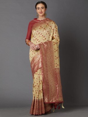 BOVTY Printed Banarasi Cotton Silk, Jacquard Saree(Beige)