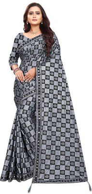 KONIGIN Checkered Chanderi Lycra Blend Saree(Grey)
