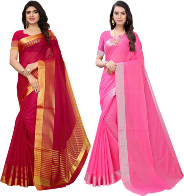 Samah Striped, Woven, Embellished Kota Doria Cotton Silk Saree(Pack of 2, Multicolor)