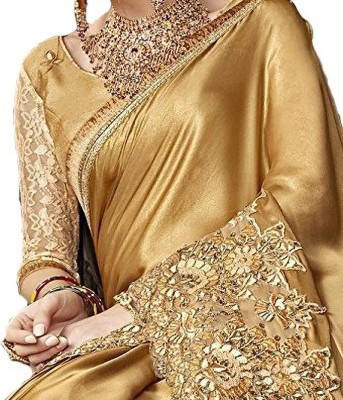 silk sarees Embroidered Bollywood Silk Blend, Lycra Blend Saree(Gold, Brown)