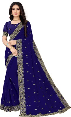 Om Shantam sarees Embroidered Bollywood Georgette Saree(Dark Blue)