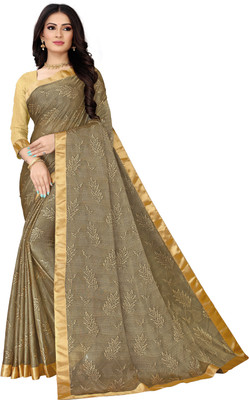 Om Shantam sarees Embroidered Bollywood Lycra Blend Saree(Beige)