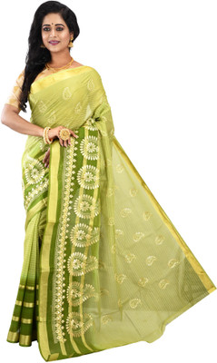 Avik Creations Self Design, Paisley, Embroidered, Striped, Embellished, Applique, Floral Print Daily Wear Cotton Blend, Pure Cotton Saree(Gold, Light Green)