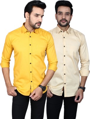 Liza Martin Men Solid Casual Yellow, Cream Shirt(Pack of 2)