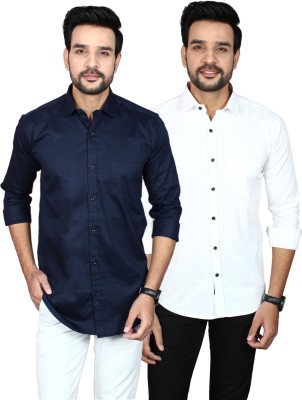 Liza Martin Men Solid Casual Dark Blue, White Shirt(Pack of 2)