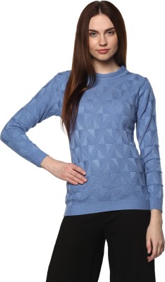 Modeve Self Design, Printed Round Neck Casual Women Blue Sweater