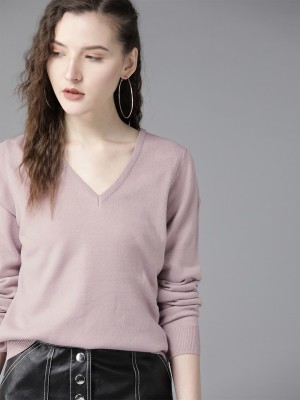 Roadster Solid V Neck Casual Women Purple Sweater