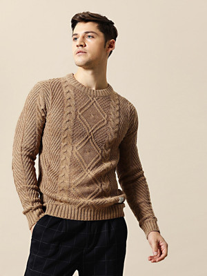 Mr Bowerbird Self Design Round Neck Casual Men Beige Sweater