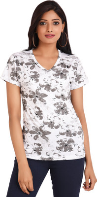 NEO GARMENTS Printed Women V Neck White T-Shirt