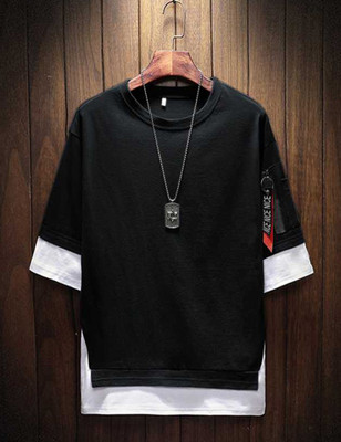 Try This Color Block Men Round Neck White, Black T-Shirt