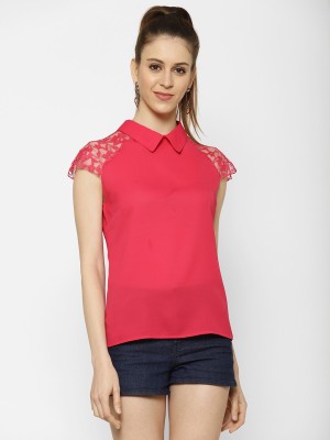 KASSUALLY Casual Short Sleeve Solid Women Pink Top
