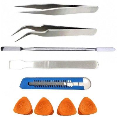 wroughton Non Magnetic Stainless Steel Tweezers Set- Straight and Curved Tip With Cutter, 4 Opener and 2 Metal Spudger Pry Tool Set for Apple iPhone, iPad, iPod, Samsung, Redmi and Oppo Mobiles- Pack of 9